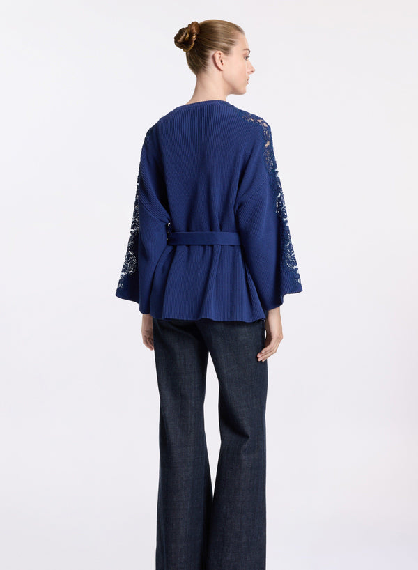 Elie Saab Knit Cardigan With Lace Inserts Empire Blue
