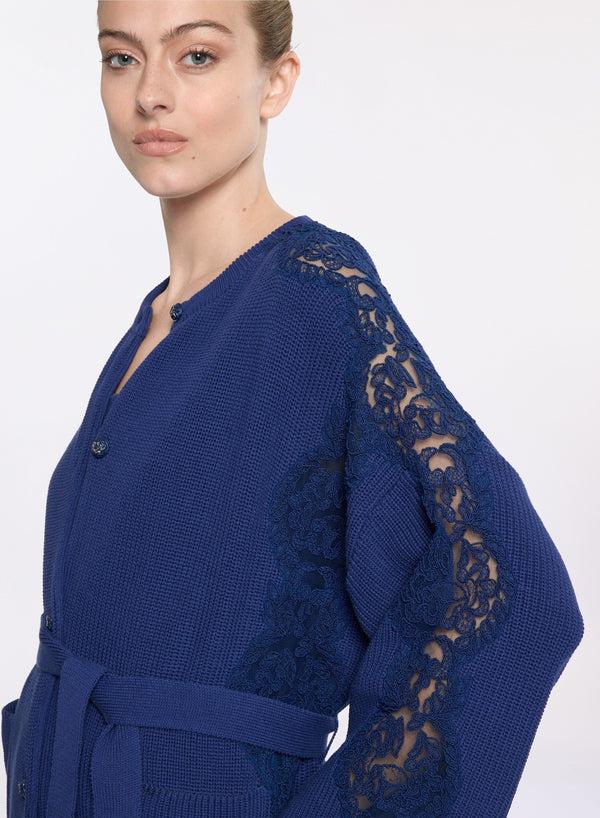 Elie Saab Knit Cardigan With Lace Inserts Empire Blue