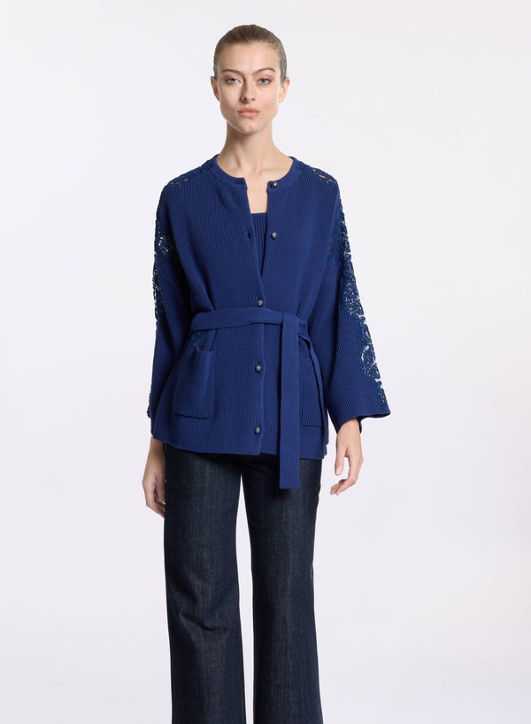 Elie Saab Knit Cardigan With Lace Inserts Empire Blue