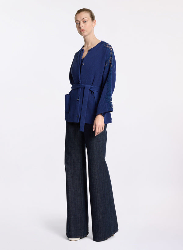 elie saab Knit cardigan with lace inserts Empire Blue
