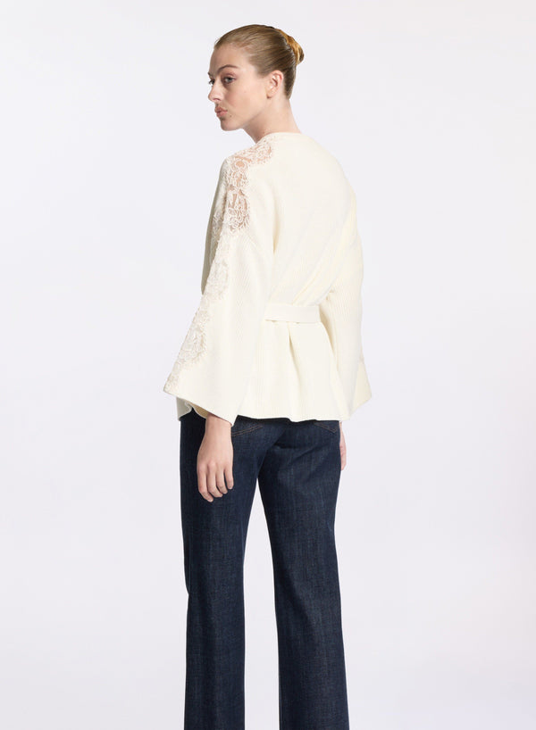 Elie Saab Knit Cardigan With Lace Inserts Off White