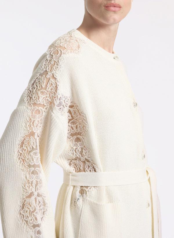Elie Saab Knit Cardigan With Lace Inserts Off White