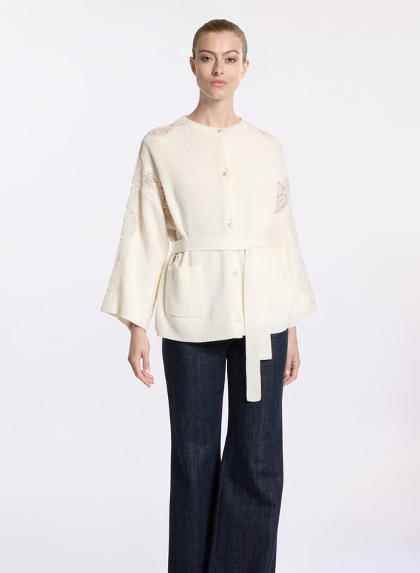 Elie Saab Knit Cardigan With Lace Inserts Off White