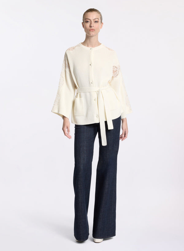 elie saab Knit cardigan with lace inserts Off White