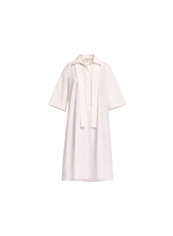 Elie Saab Monogram Embroidered Cotton Shirt Dress Powder White