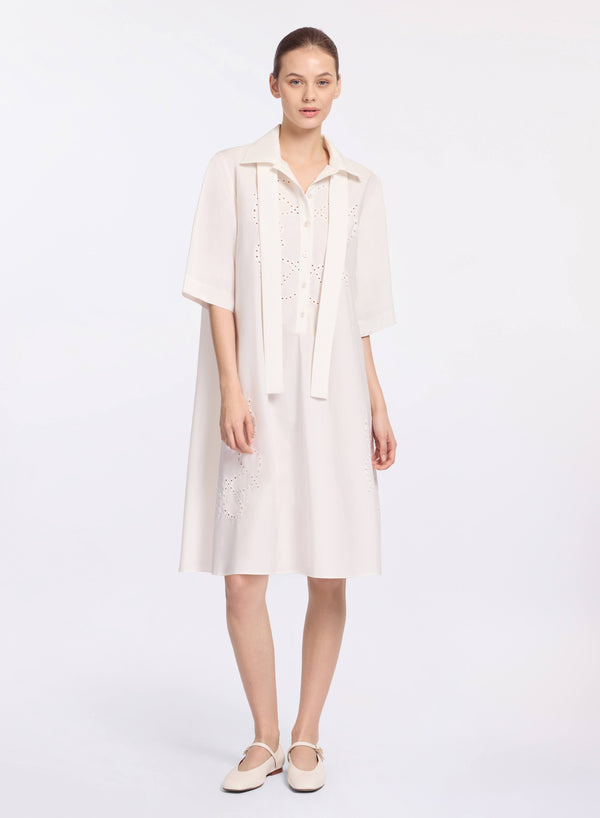 elie saab Monogram embroidered cotton shirt dress Powder White