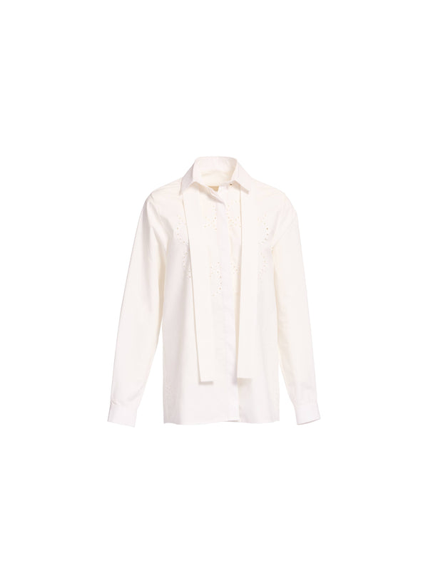 Elie Saab Monogram Embroidered Cotton Shirt Powder White