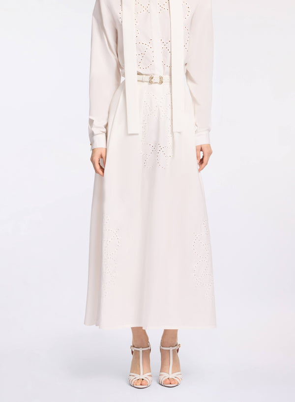 Elie Saab Monogram Embroidered Cotton Skirt Powder White