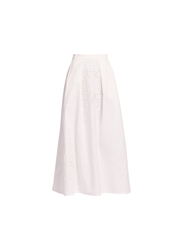 Elie Saab Monogram Embroidered Cotton Skirt Powder White