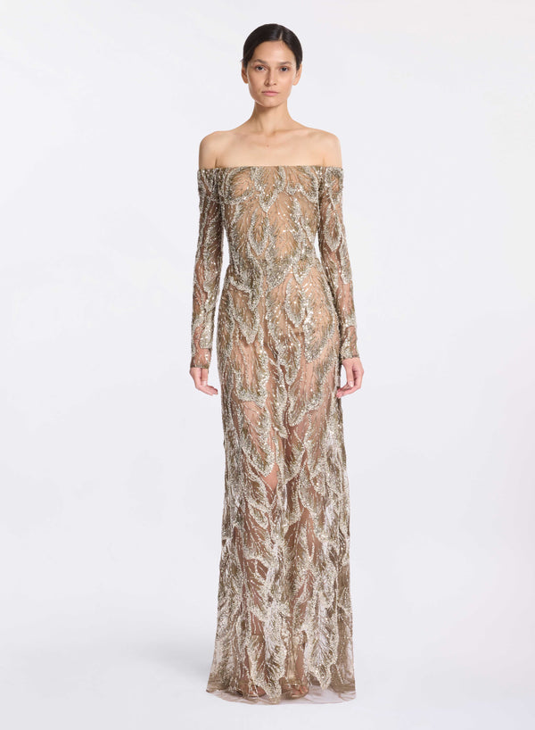 elie saab Off-the-shoulder embroidered tulle dress Silver