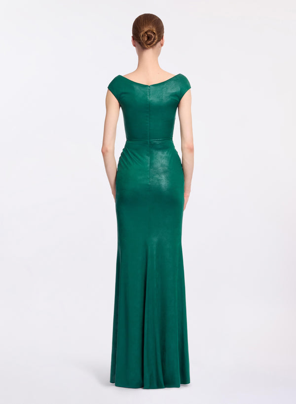 Elie Saab Off-the-shoulder Jersey Leatherette Long Dress Absinthe Green