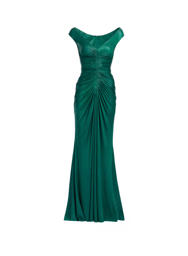 Elie Saab Off-the-shoulder Jersey Leatherette Long Dress Absinthe Green