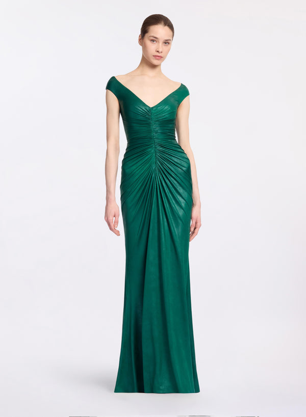 elie saab Off-the-shoulder jersey leatherette long dress Absinthe Green