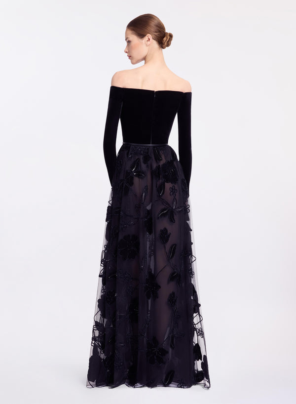 Elie Saab Off-the-shoulder Velvet Embroidred Dress Black