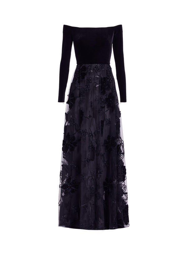 Elie Saab Off-the-shoulder Velvet Embroidred Dress Black