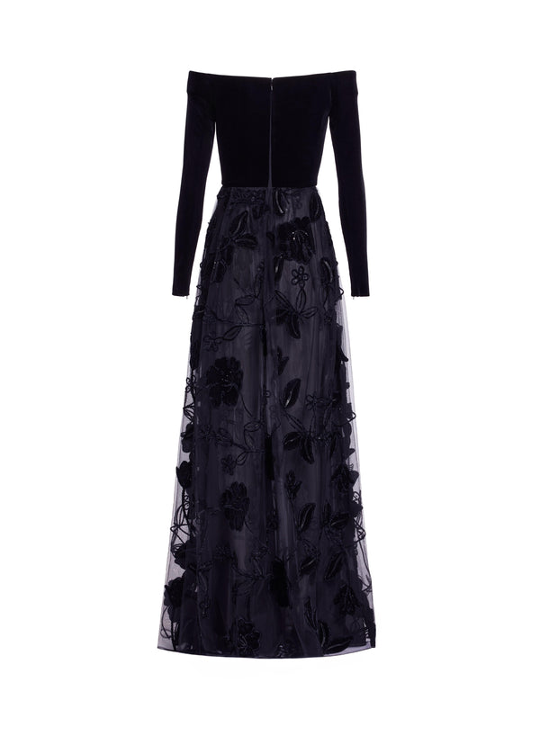 Elie Saab Off-the-shoulder Velvet Embroidred Dress Black