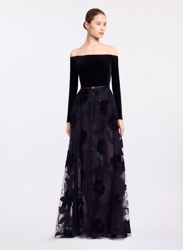 elie saab Off-the-shoulder velvet embroidred dress Black
