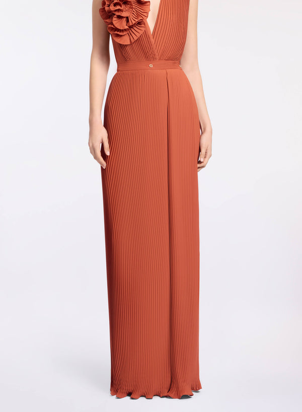 Elie Saab Pleated Chiffon Long Skirt Marchesa Orange