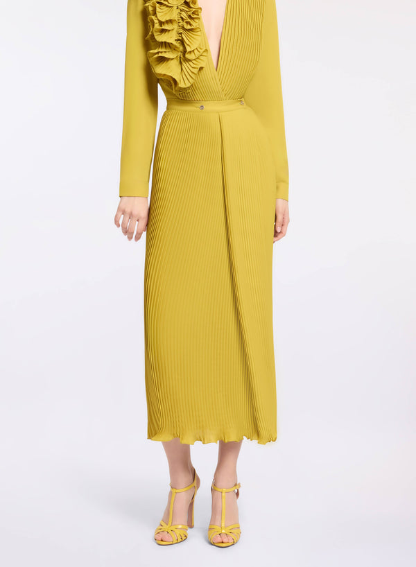 Elie Saab Pleated Chiffon Midi Skirt Antique Yellow