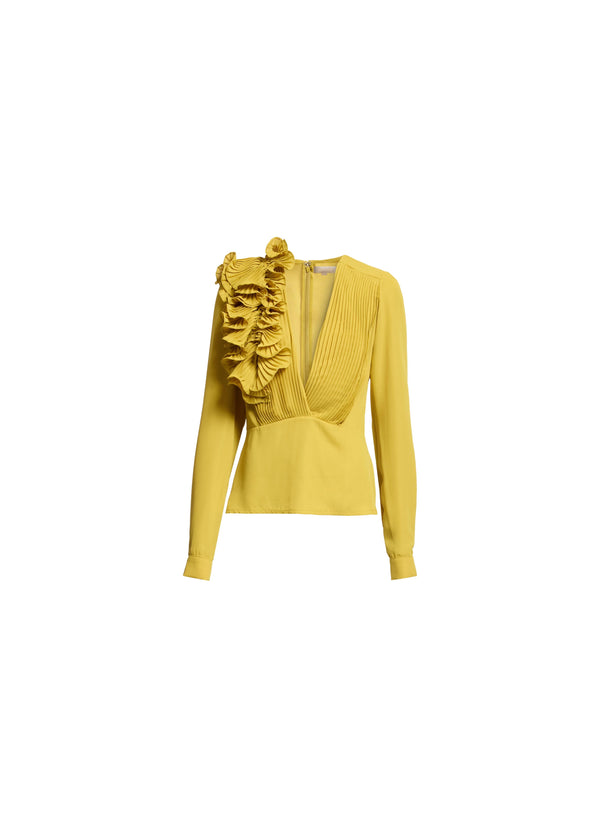 Elie Saab Pleated Ruffle Chiffon Shirt Antique Yellow