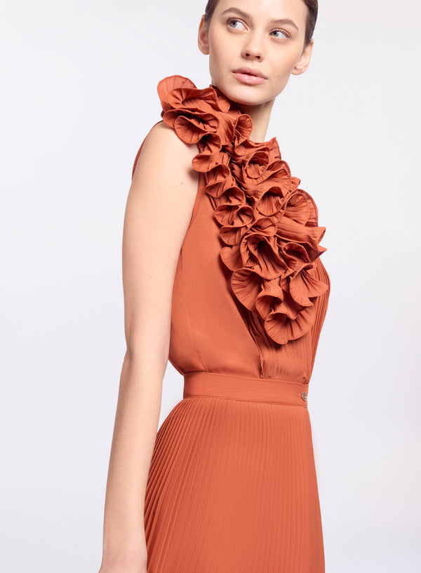 Elie Saab Pleated Ruffle Chiffon Top Marchesa Orange
