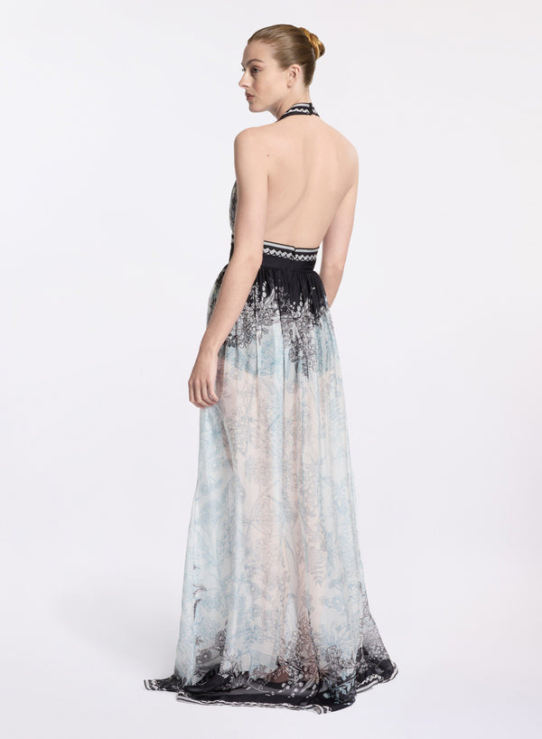 Elie Saab Printed Chiffon Long Dress Black-White-Blue