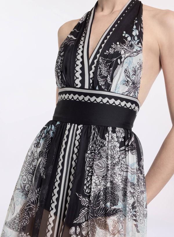 Elie Saab Printed Chiffon Long Dress Black-White-Blue
