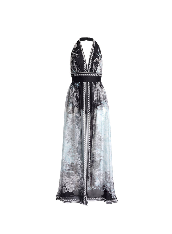 Elie Saab Printed Chiffon Long Dress Black-White-Blue