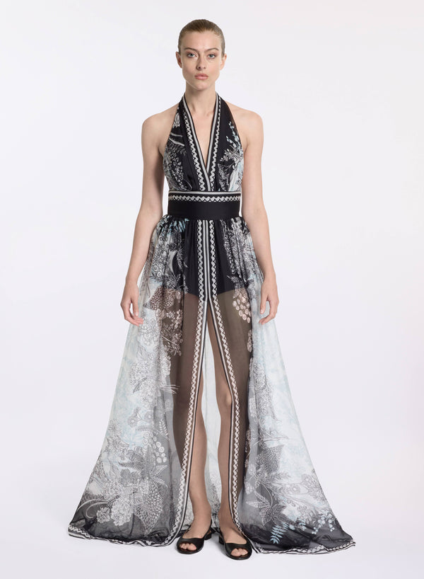 elie saab Printed chiffon long dress Black-White-Blue