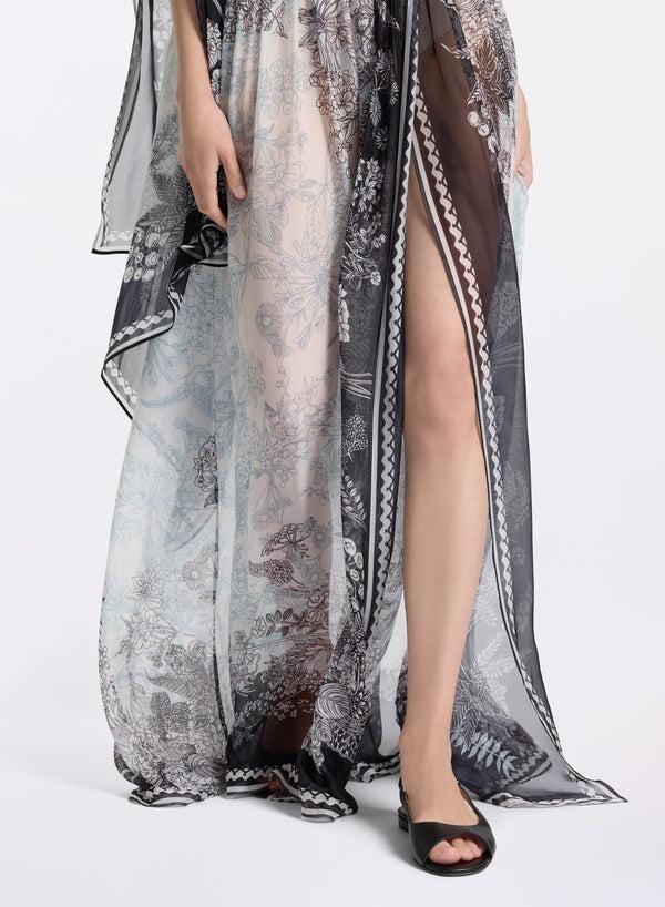 Elie Saab Printed Chiffon Long Skirt Black-White-Blue