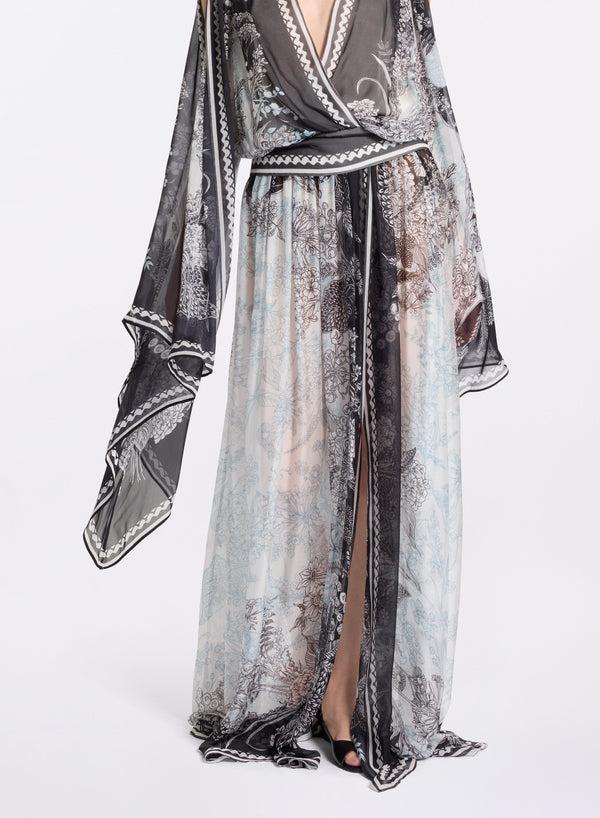 Elie Saab Printed Chiffon Long Skirt Black-White-Blue