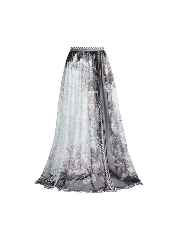 Elie Saab Printed Chiffon Long Skirt Black-White-Blue