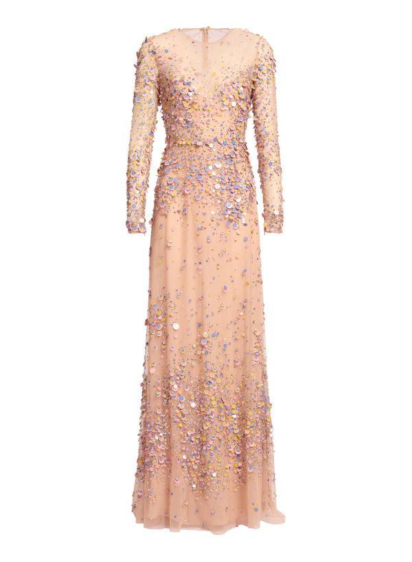 Elie Saab Sequin Embroidered Long Dress Shadow Rose