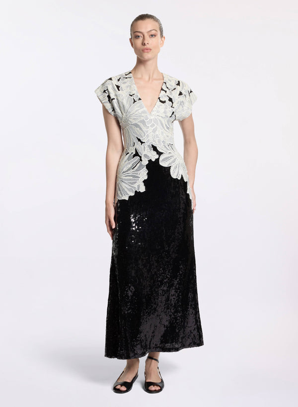 elie saab Sequin embroidered midi dress Black and White