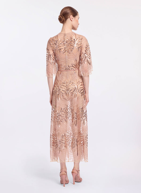 Elie Saab Sequin Embroidered Midi Dress Shadow Rose
