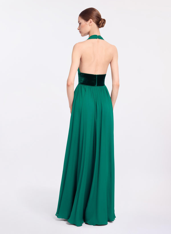 Elie Saab Silk And Velvet Long Dress Absinthe Green