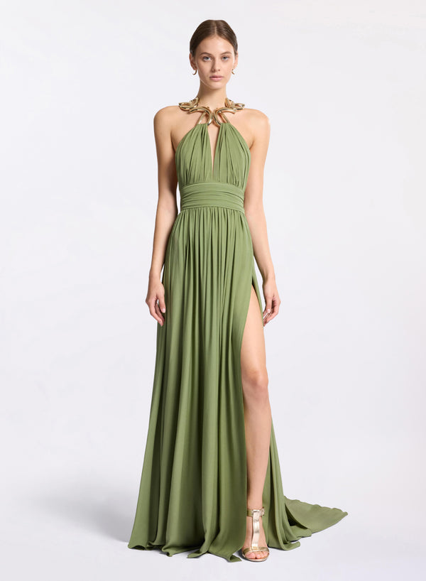 elie saab Silk dress with metallic necklace Savannah Green