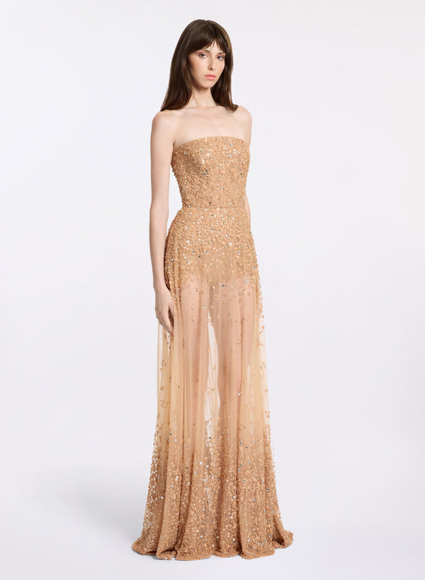 elie saab Strapless bead embroidered dress Cappuccino