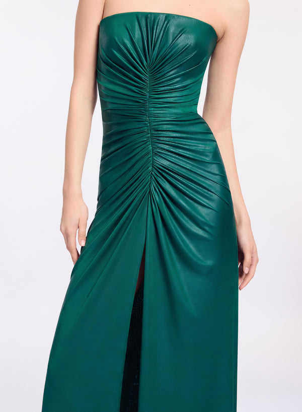 Elie Saab Strapless Jersey Leatherette Long Dress Absinthe Green