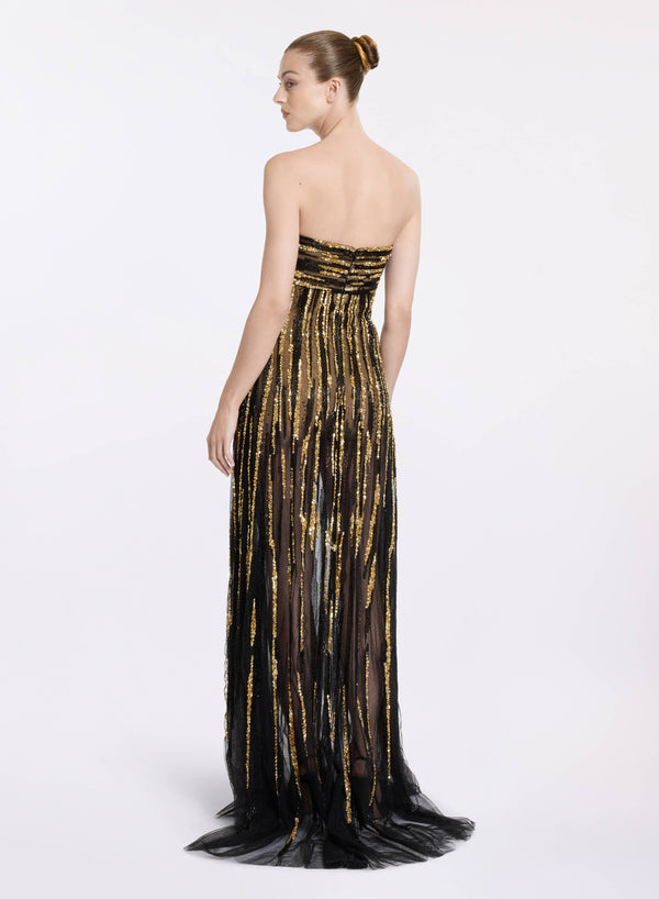 Elie Saab Stripe Embroidered Strapless Dress Black And Gold