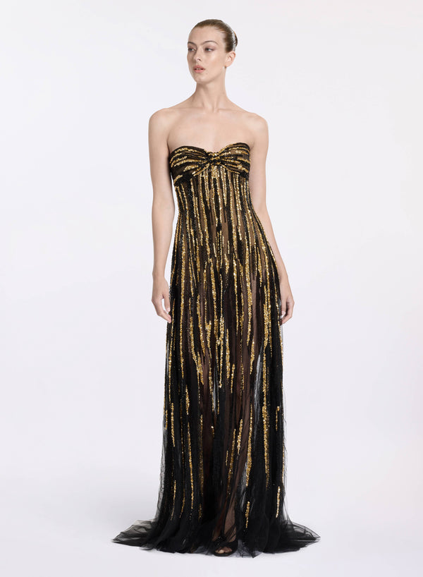 elie saab Stripe embroidered strapless dress Black and Gold