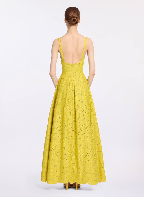 Elie Saab Swirl Embroidered Cotton Dress Antique Yellow
