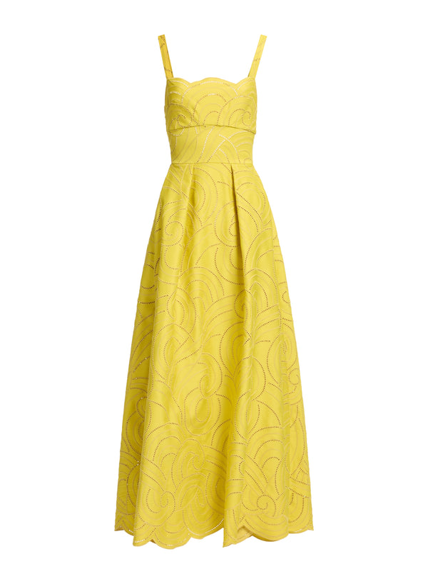 Elie Saab Swirl Embroidered Cotton Dress Antique Yellow