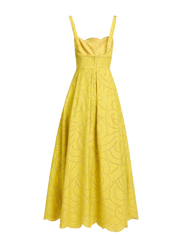 Elie Saab Swirl Embroidered Cotton Dress Antique Yellow
