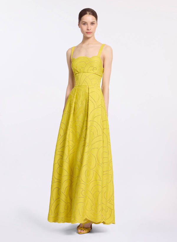 elie saab Swirl embroidered cotton dress Antique Yellow