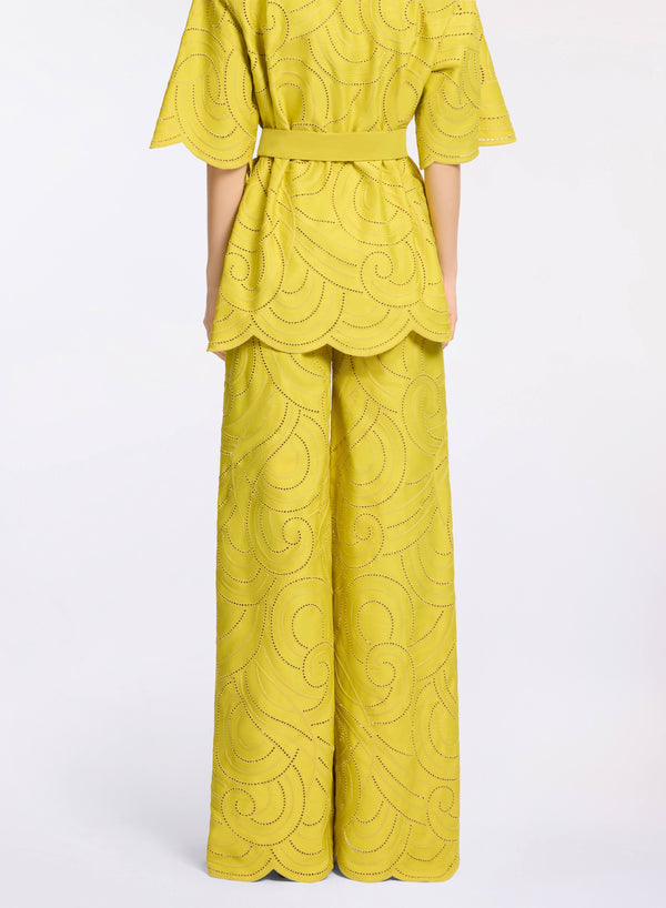 Elie Saab Swirl Embroidered Cotton Pants Antique Yellow