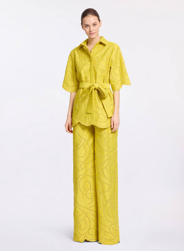 Elie Saab Swirl Embroidered Cotton Pants Antique Yellow