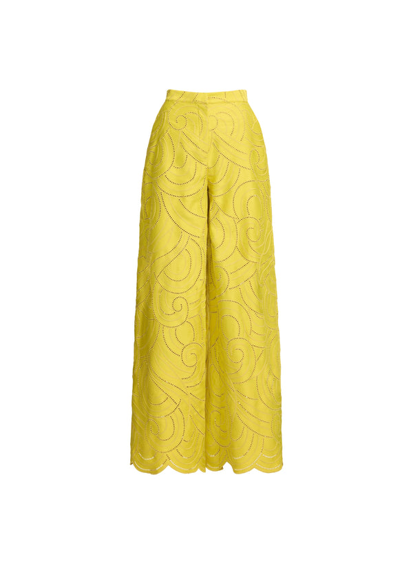 Elie Saab Swirl Embroidered Cotton Pants Antique Yellow