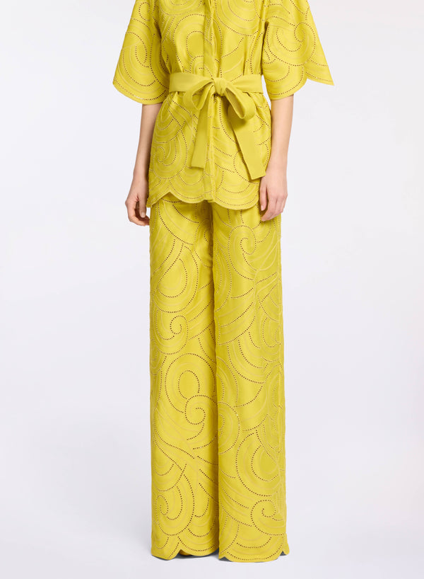 elie saab Swirl embroidered cotton pants Antique Yellow
