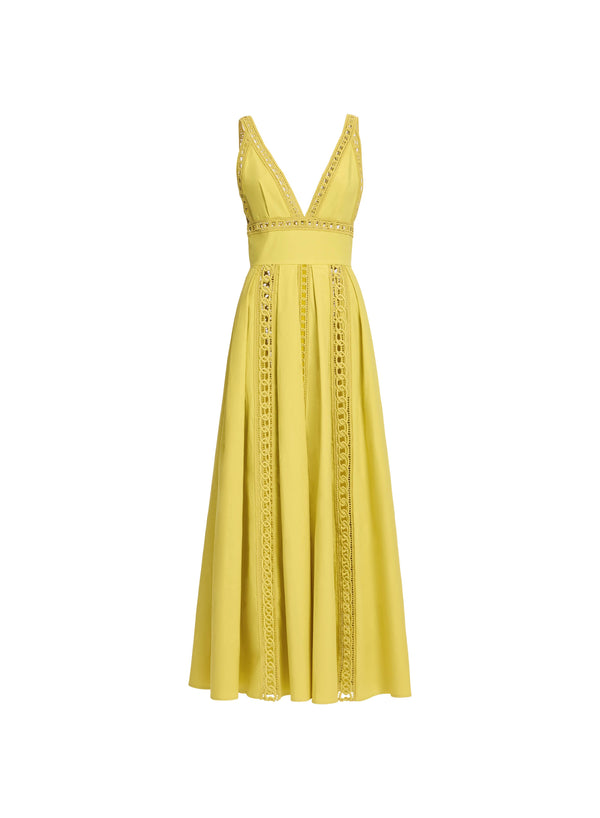 Elie Saab Trim Embellished Cotton Midi Dress Antique Yellow